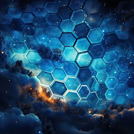 Abstract space background with hexagons and stars.の素材