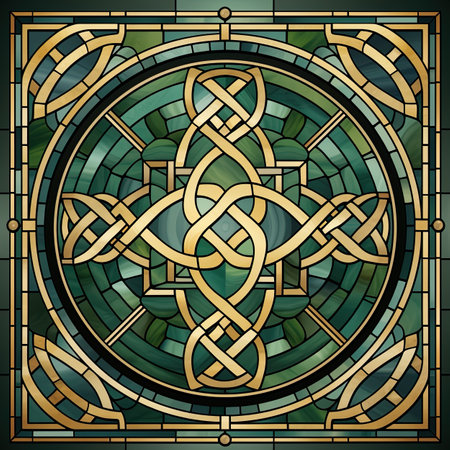 Illustration in stained glass style with abstract geometric ornament, square imageの素材