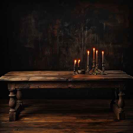 Old wooden table with candlestick and burning candles in dark roomの素材