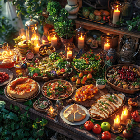 Pancakes with fruit and vegetables on the table in rustic styleの素材