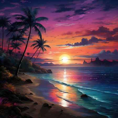 Tropical beach with palm trees at sunset.の素材