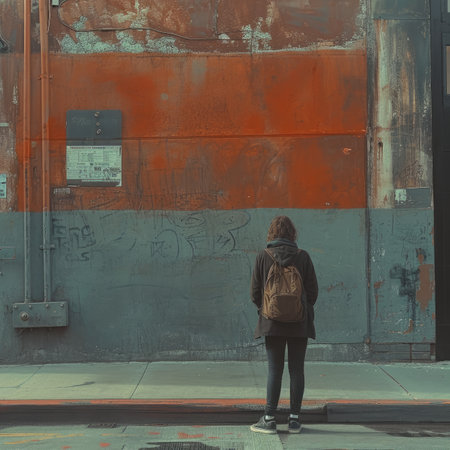 A young woman is standing in front of an old rusty industrial buildingの素材