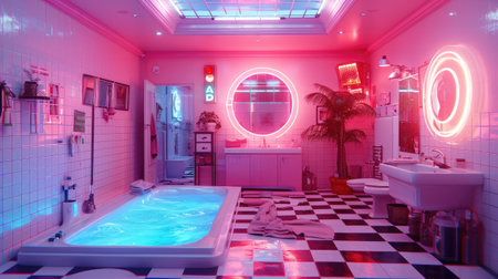 interior of a modern bathroom with swimming pool in pink and blueの素材