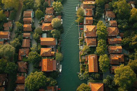 Aerial view of old wooden housesの素材