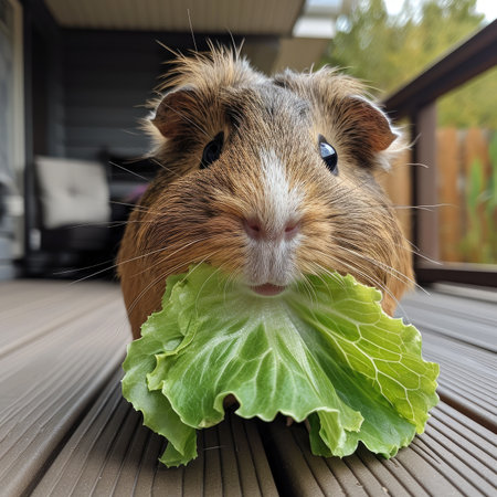 guinea pig with lettuce on the terrace of a country houseの素材