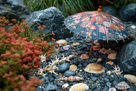 Umbrella, seashells and stones in the garden.の素材