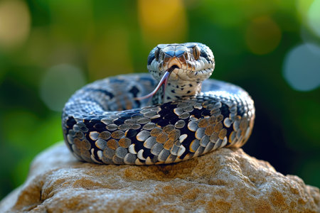A closeup shot of the head of a snake on a rockの素材
