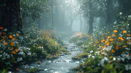 Foggy morning in the forest with blooming flowers and sunlightの素材
