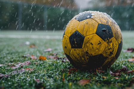 Soccer ball on the grass with drops of water after rain.の素材