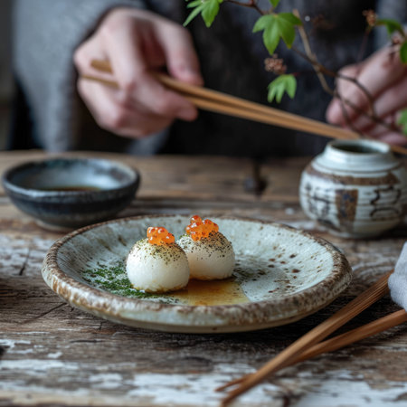 Traditional japanese dumplings with red caviar on wooden backgroundの素材