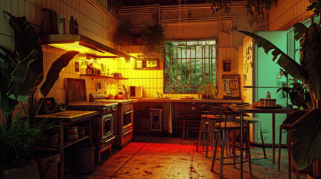 Cafe interior in night time.の素材