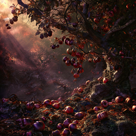 a forest full of autumn trees and ripe applesの素材