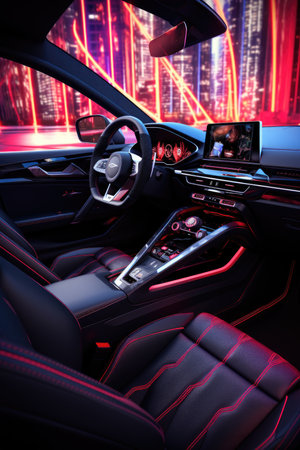 Modern car interior with dashboard, steering wheel and dashboard.の素材