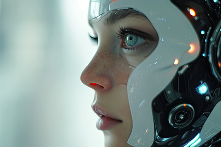 Close-up of a female robot face with futuristic visor.の素材