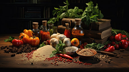 Composition with variety of spices and herbs on wooden table, dark backgroundの素材