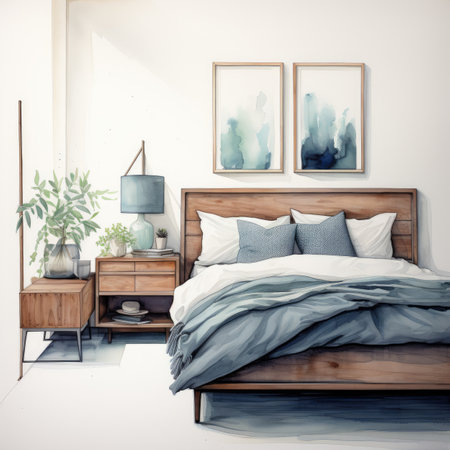 interior of modern bedroom with white walls, wooden bed and wooden bedside tableの素材