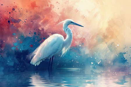 Watercolor White heron on water backgroundの素材