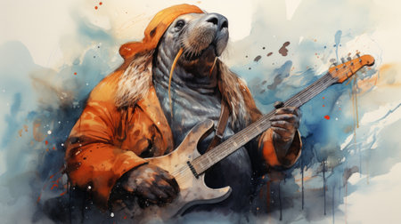 Funny dog with a guitar in his hand.の素材