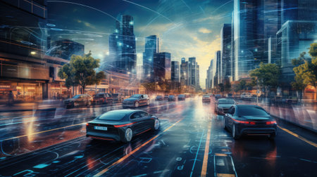 Car on the road with cityscape background.の素材