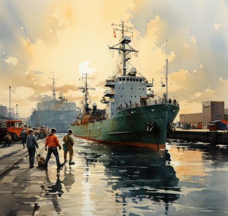 Military ship in the port at sunsetの素材