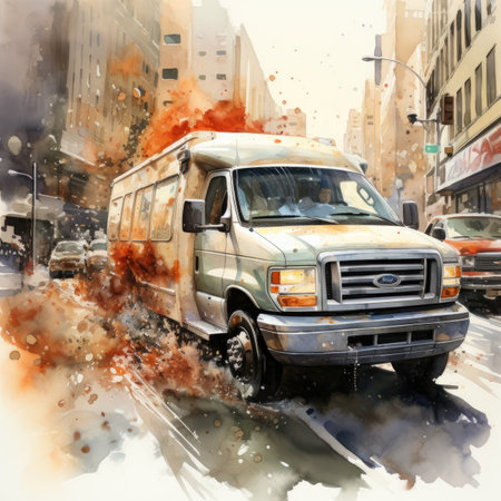 Watercolor old truck on a street in Cityの素材