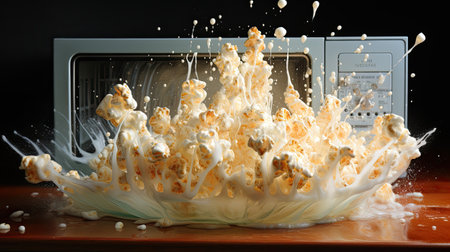 Popcorn popping out of microwave oven on black background.の素材