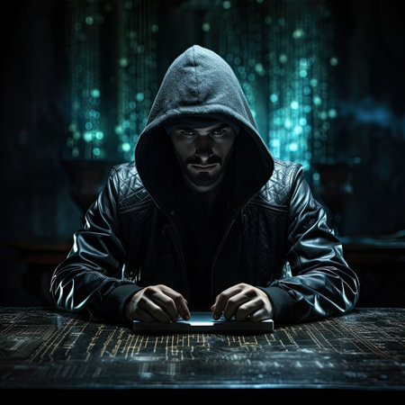 Hooded computer hacker in dark room with binary code on backgroundの素材