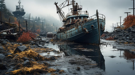 Wreck of a ship on the shore of a lake in the fogの素材