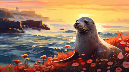seal on the coast of the ocean at sunsetの素材