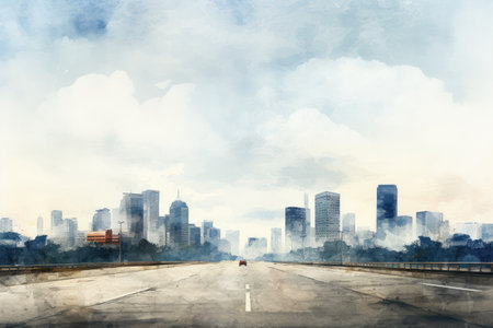 Cityscape and road with clouds on the sky.の素材