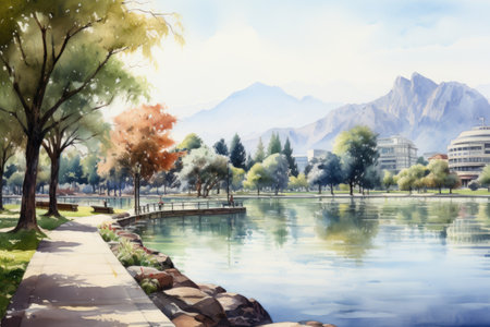 Watercolor painting of a park with lake and mountains in the backgroundの素材