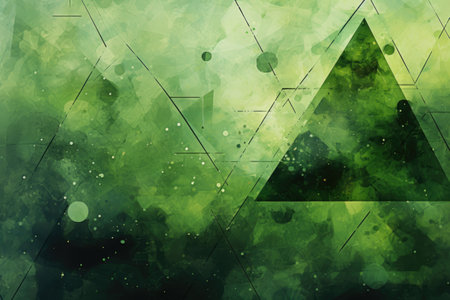 Abstract watercolor background with triangles and bokeh lights in green colorsの素材