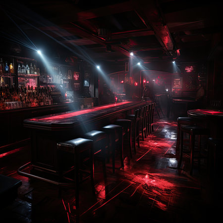 Dark bar interior with neon lights.の素材