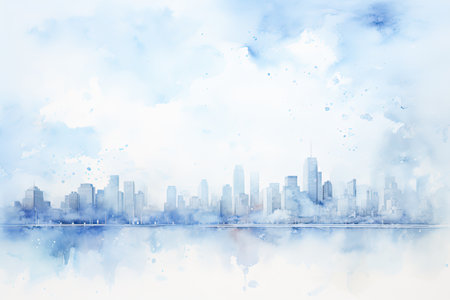 Watercolor painting of a big city with blue sky and white cloudsの素材