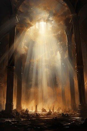 Mystical scene with ancient columns and rays of light.の素材