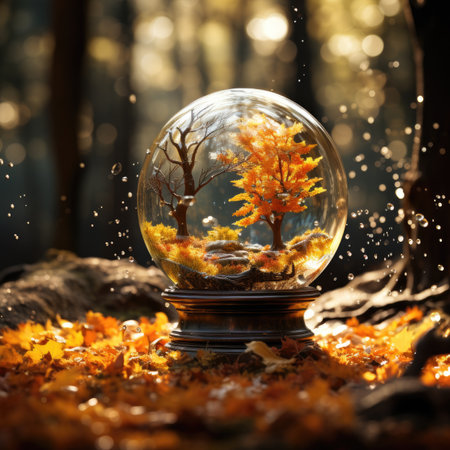 Crystal ball with tree in the autumn forest.の素材