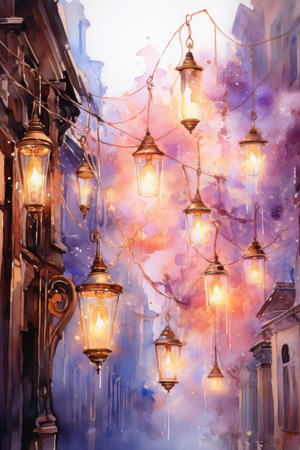 Watercolor Street lamps in the old townの素材