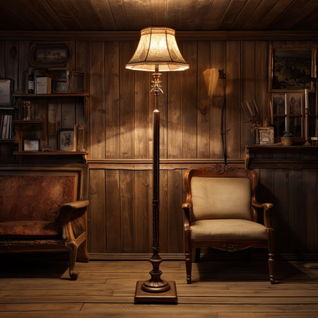 Lamp in the interior of a wooden house.の素材