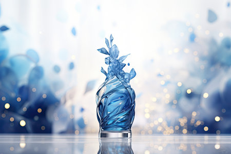 blue glass vase with a flower on a background of blue bokehの素材