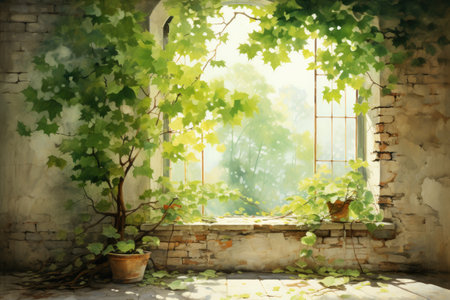 Vintage window with a view of green leaves and a vaseの素材