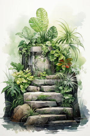 Watercolor painting of green garden with stone stairs and tropical plants.の素材