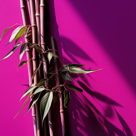 Bamboo stems with leaves on purple background. Flat lay, top view.の素材