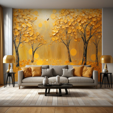 Interior of modern living room with yellow tree and sofaの素材
