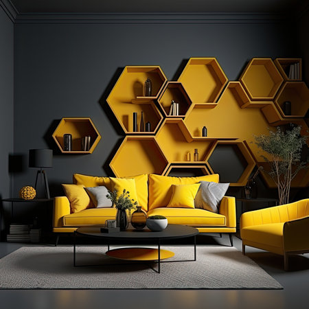 Interior of modern living room with yellow sofa, coffee table and bookshelves.の素材