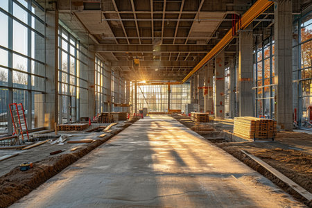 Interior of a building under construction with scaffolding and concrete floorの素材