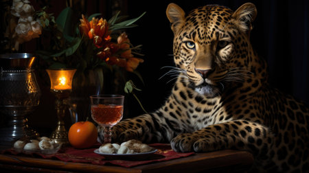 Leopard with a glass of red wine in a dark room.の素材