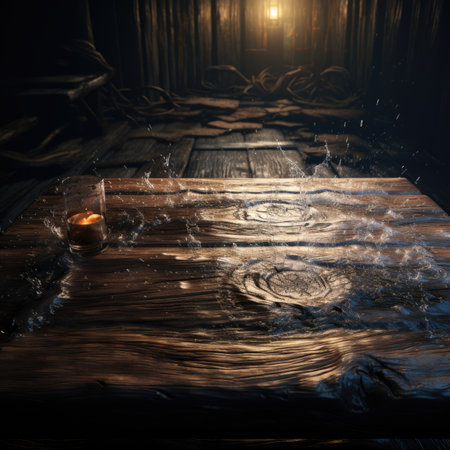 Old wooden table with a glass of wine on the background of a dark roomの素材