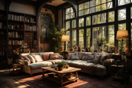 Interior of a living room with a large window, a sofa and a bookcaseの素材
