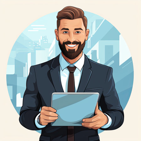Businessman with tablet computer in the city. Vector illustration in cartoon style.の素材