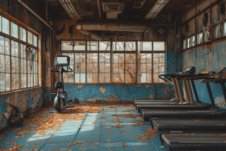 Abandoned gym interior with fitness equipment and empty space for text.の素材